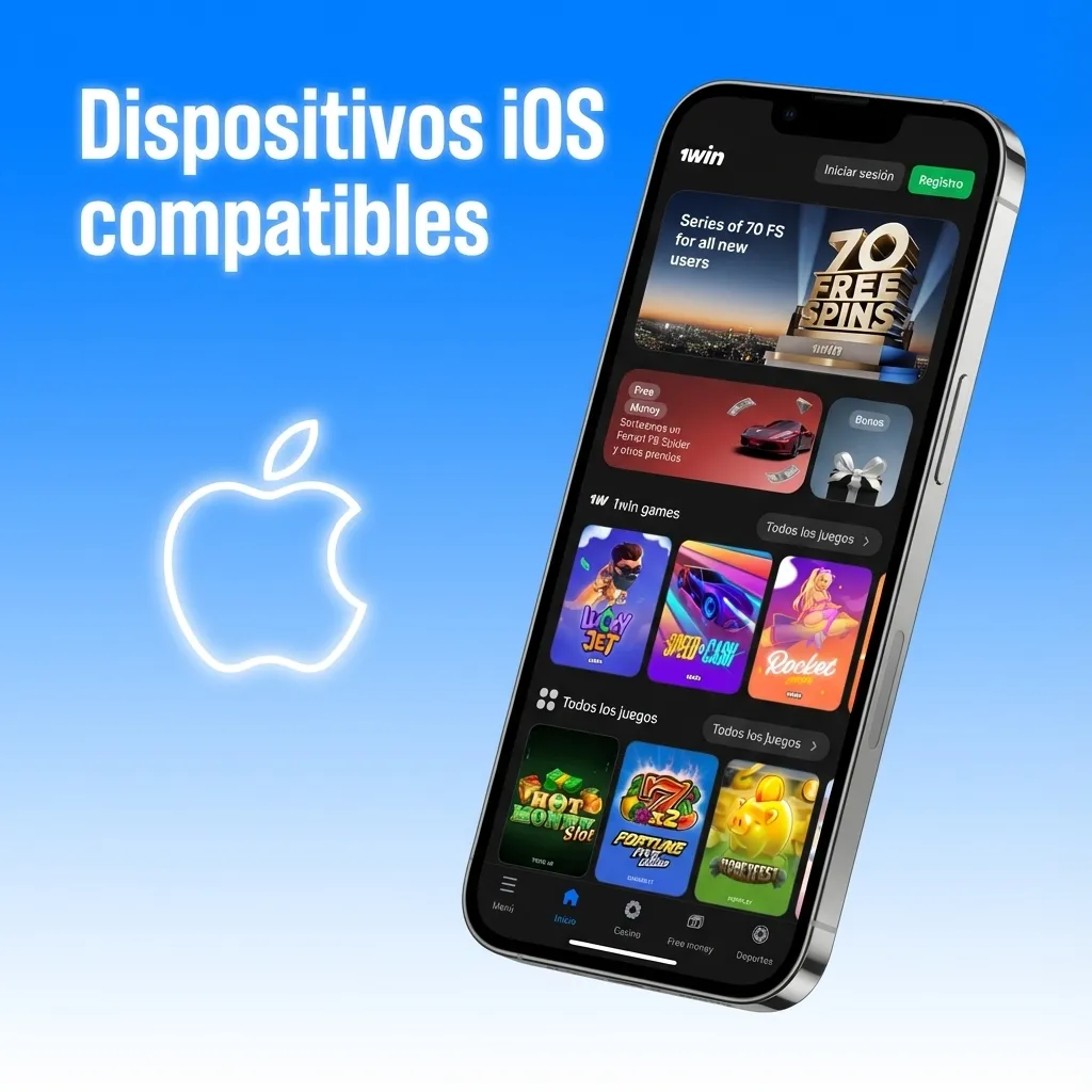 Imagen promocional de 1win mostrando varios modelos de iPhone e iPad compatibles para apostar desde Chile
