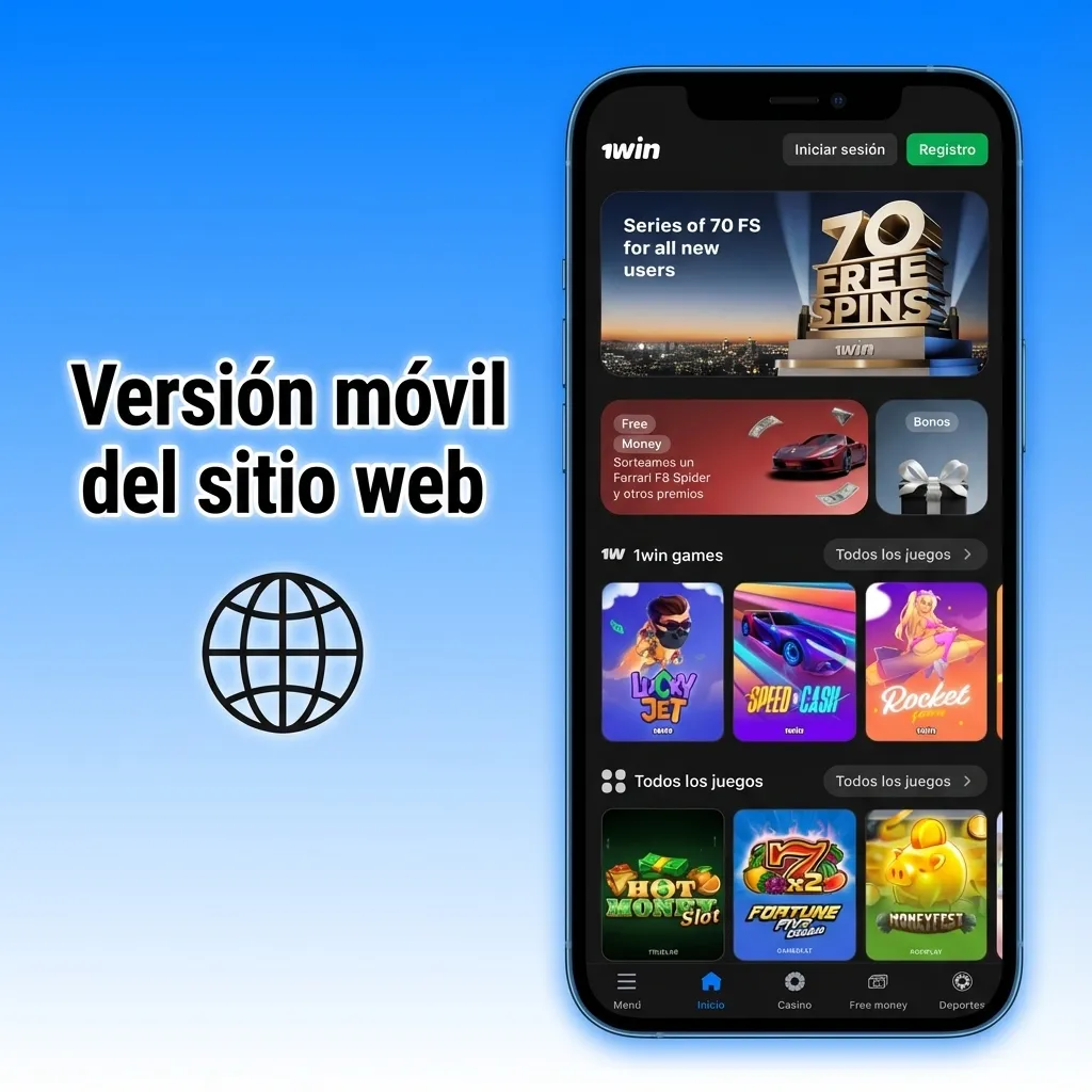 Teléfono mostrando la versión móvil del sitio 1win con menú compacto, botones grandes y secciones de apuestas y casino.