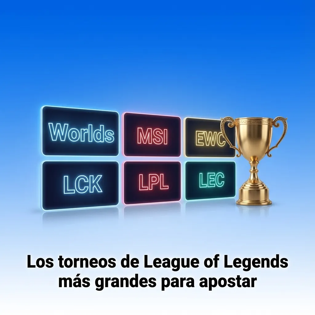 Pantalla de apuestas de League of Legends en 1win con logos de Worlds, MSI, EWC, LCK, LPL y LEC