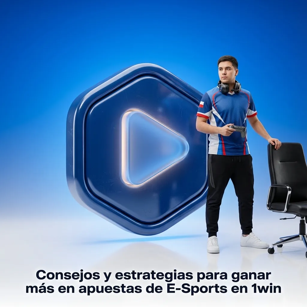 Ilustración de apuestas de esports en 1win Chile con jugador, pantalla de juego y consejos estratégicos en texto