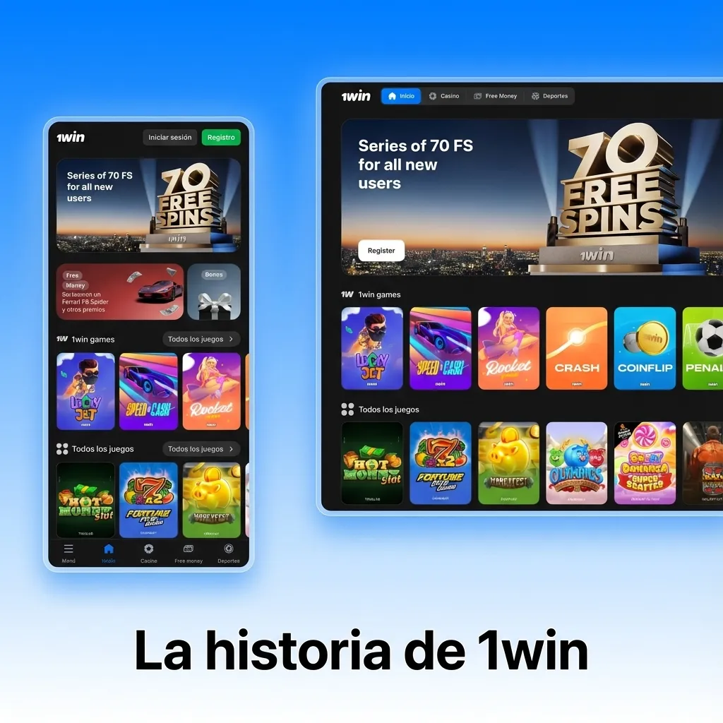 Línea de tiempo ilustrada sobre la historia de 1win, desde su fundación en 2016 hasta su expansión global en apuestas en línea
