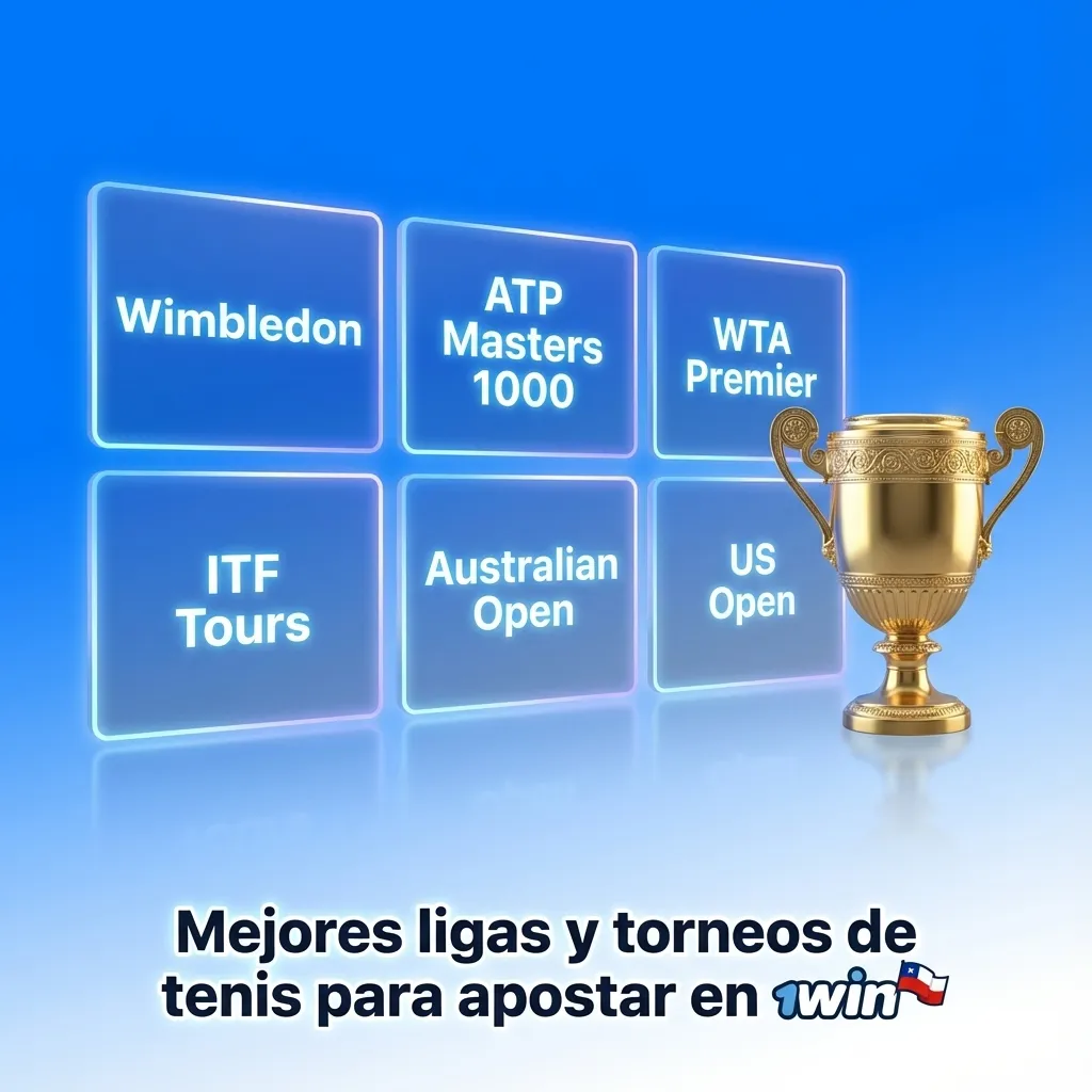 Ilustración de raqueta y pelota de tenis con logos de Grand Slams, ATP, WTA y copas, destacando apuestas en 1win