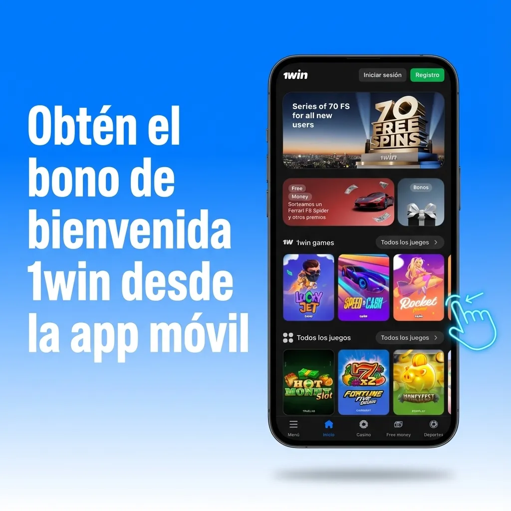 Pantalla de la app móvil 1win Chile mostrando registro, depósito y bono de bienvenida para casino y apuestas en el celular
